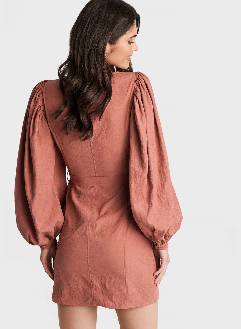 NA-KD Balloon Sleeve Wrap Dress
