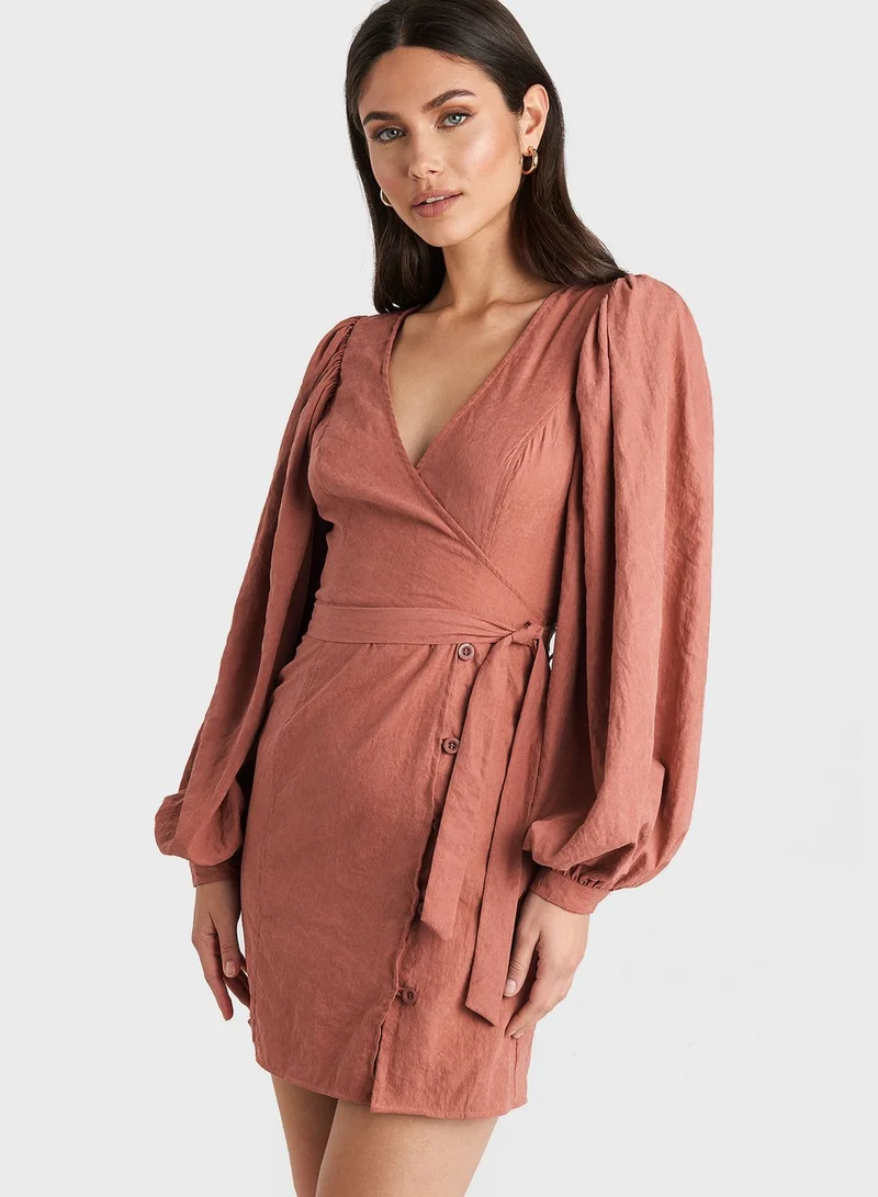 NA-KD Balloon Sleeve Wrap Dress