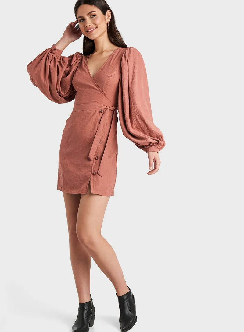 NA-KD Balloon Sleeve Wrap Dress