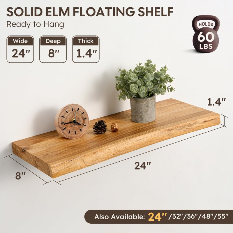 Realgulf Floating Shelves Set of 2, Solid Elm Wood Wall Shelves 24 Inch - Invisible Bracket Mount for Living Room, Bedroom, Kitchen, Bathroom - Natural - Image 3