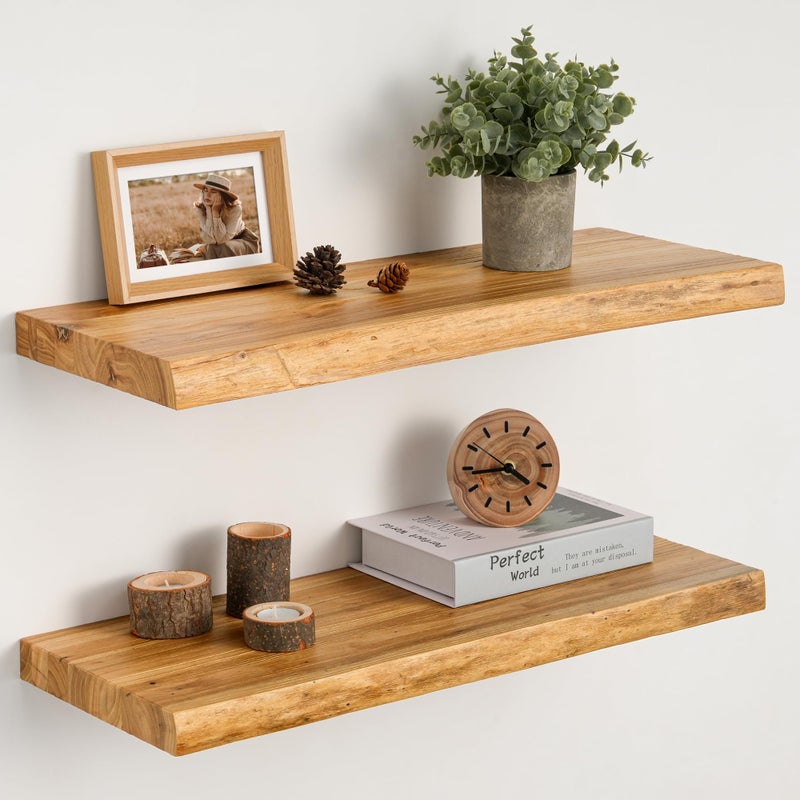 Realgulf Floating Shelves Set of 2, Solid Elm Wood Wall Shelves 24 Inch - Invisible Bracket Mount for Living Room, Bedroom, Kitchen, Bathroom - Natural - Image 1