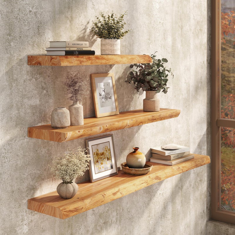 Realgulf Floating Shelves Set of 2, Solid Elm Wood Wall Shelves 24 Inch - Invisible Bracket Mount for Living Room, Bedroom, Kitchen, Bathroom - Natural - Image 2