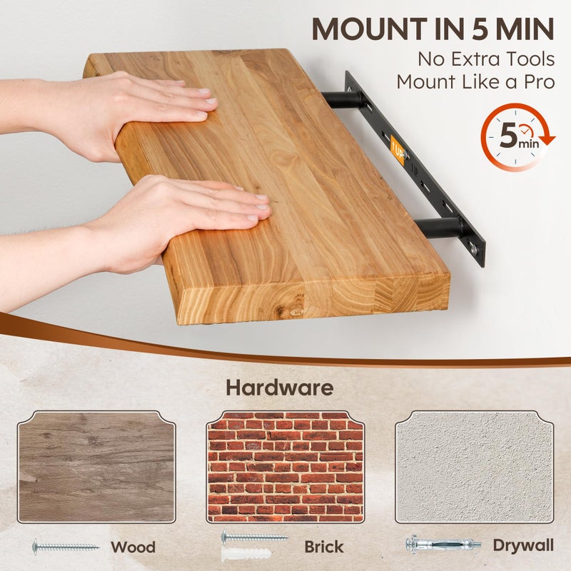 Realgulf Floating Shelves Set of 2, Solid Elm Wood Wall Shelves 24 Inch - Invisible Bracket Mount for Living Room, Bedroom, Kitchen, Bathroom - Natural - Image 4
