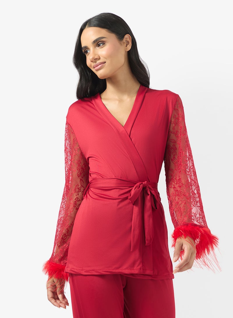 Ginger Lace Detail Wrap Around Robe & Pyjama Set - Image 3