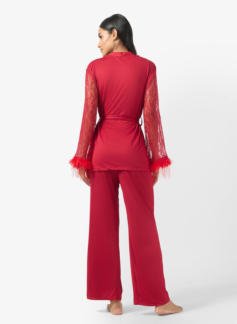 Ginger Lace Detail Wrap Around Robe & Pyjama Set - Image 2