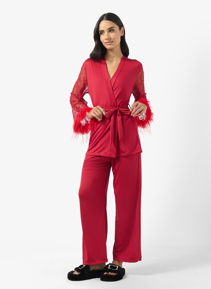 Ginger Lace Detail Wrap Around Robe & Pyjama Set - Image 5