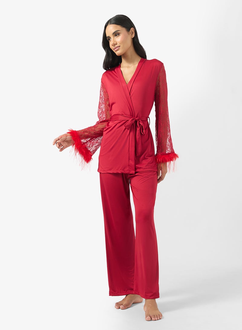 Ginger Lace Detail Wrap Around Robe & Pyjama Set - Image 1