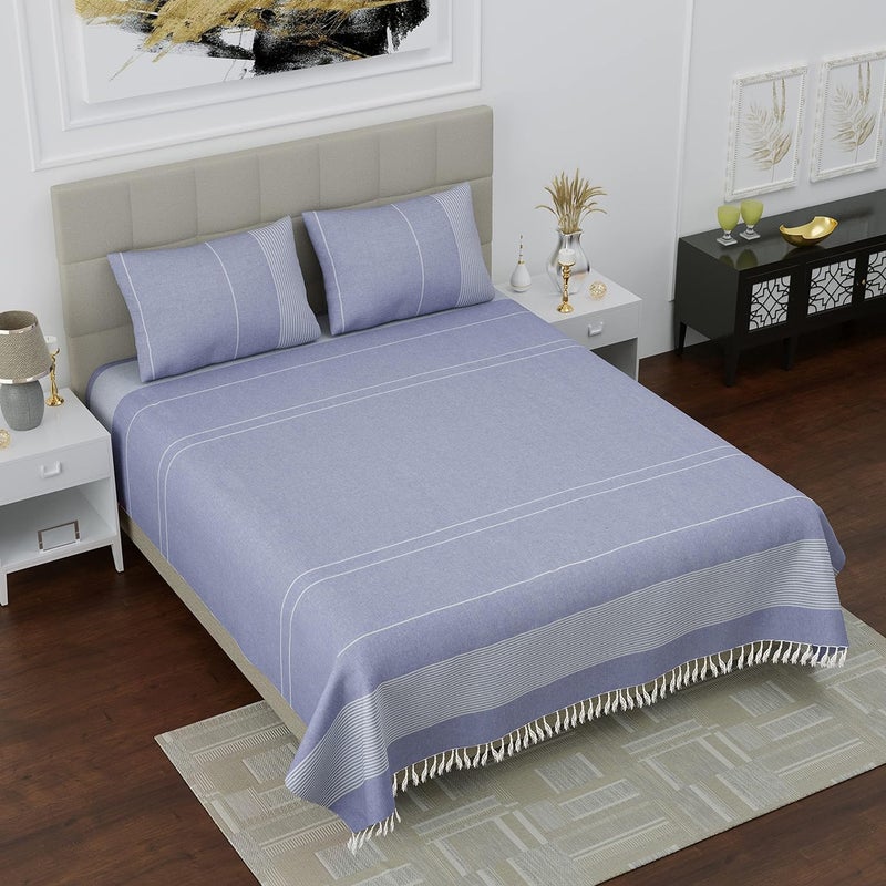 Värde Vrde 210 TC Double Bedsheet with Pillow Cover 2 Handloom Cotton Bedsheets for Double Bed All Season Comfort Handmade Bedsheet 90X100 Inches Rock Blue