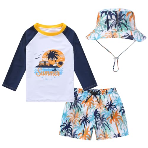 HDOBHIO Toddler and Baby Boys' 3-Piece Swimsuit Trunk Rashguard Set Sun Hat Swimwear Bathing Suit Sunsuit Swim Shirt Set Coconut Tree 4-5T - Image 1