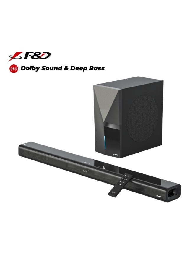F&D HT-388D 2.1 CH Dolby Audio Soundbar with 8-Inch Powerful Subwoofer,Full Range and Silk Dome Tweeter,Bluetooth 5.3,HDMI(ARC)/Optical/AUX/USB Inputs,LED Display for TV - Image 1