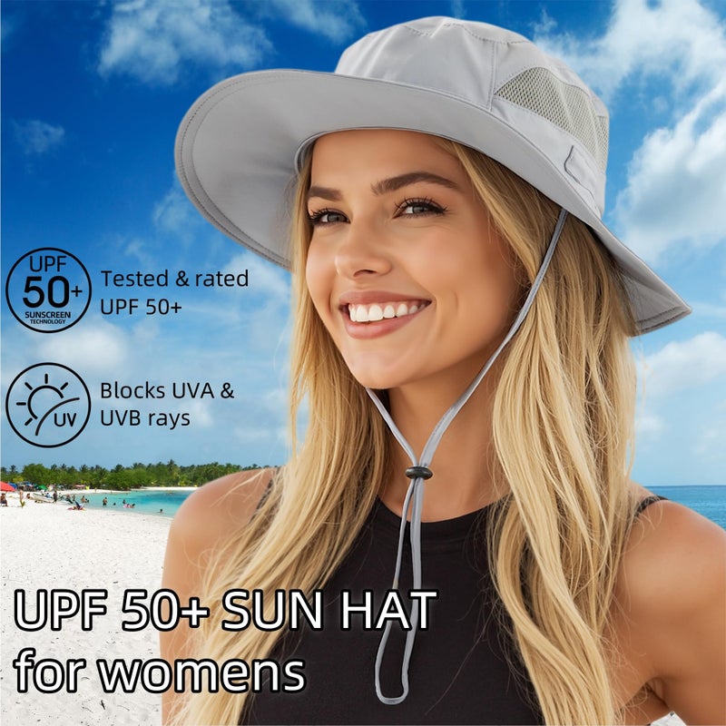 Connectyle Womens Outdoor Mesh Boonie Sun Hat Summer Wide Brim UV Protection Fishing Hat Safari Cap Grey - Image 2