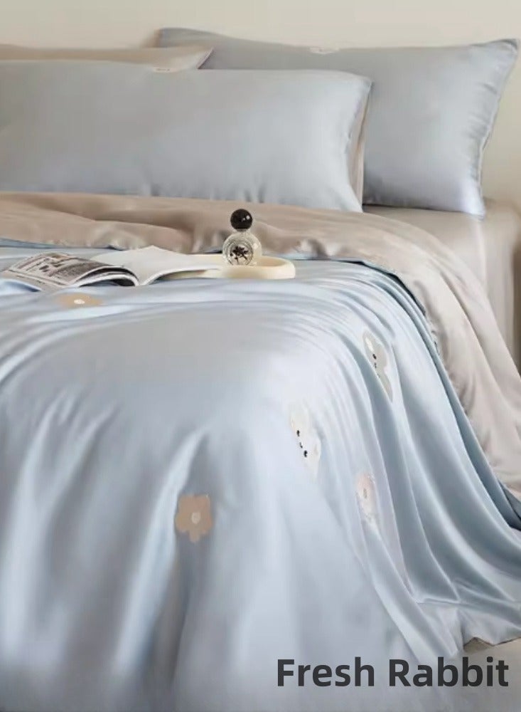 High end 60S Pro Lanjing Tencel Cartoon Embroidery Four piece Set Summer Ice Silk Sleeping Bed Sheet Quilt Cover Bedding Suitable for 1.8m/2.0m Bed Sheet Four piece Set