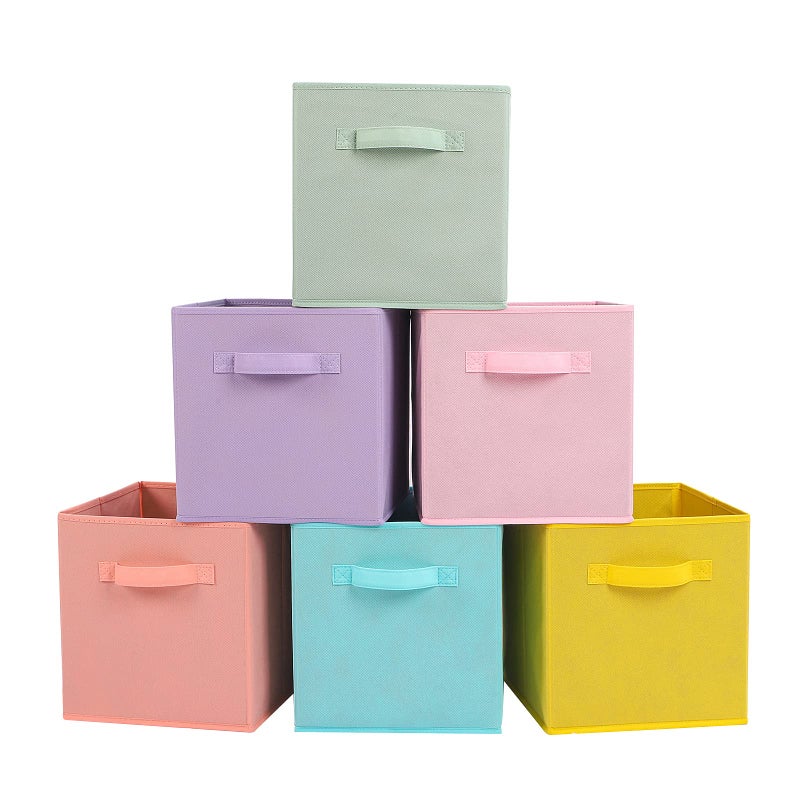 Stero Fabric Storage Bins 6 Pack Fun Colored Durable Storage Cubes with Handles Foldable Cube Baskets for Home, Kids Room, Closet and Toys Organization Cyan, Green, Yellow, Purple, Pink and Peachpuff - Image 1