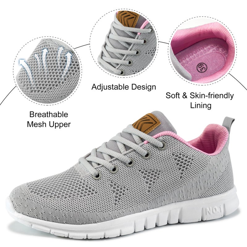 FUDYNMALC Womens Sneakers Tennis Shoes: Fashion Lightweight Non Slip Footwear for Walking Casual Travel Grey Pink - Image 4