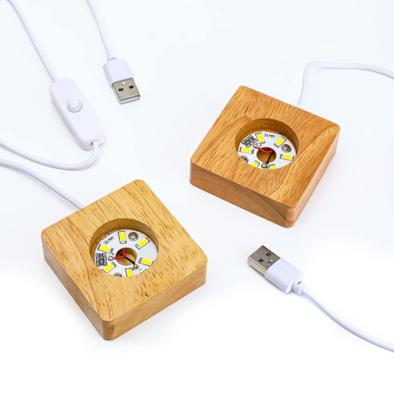 Zeershee Pack 2 عرض مصباح LED خشبي قاعدة مصباح Crystal Clastal Glass Base Stand Wood LED Stand for 3D Crystal Laser Glass Resin Art Warm Light Square USB فقط - Image 4