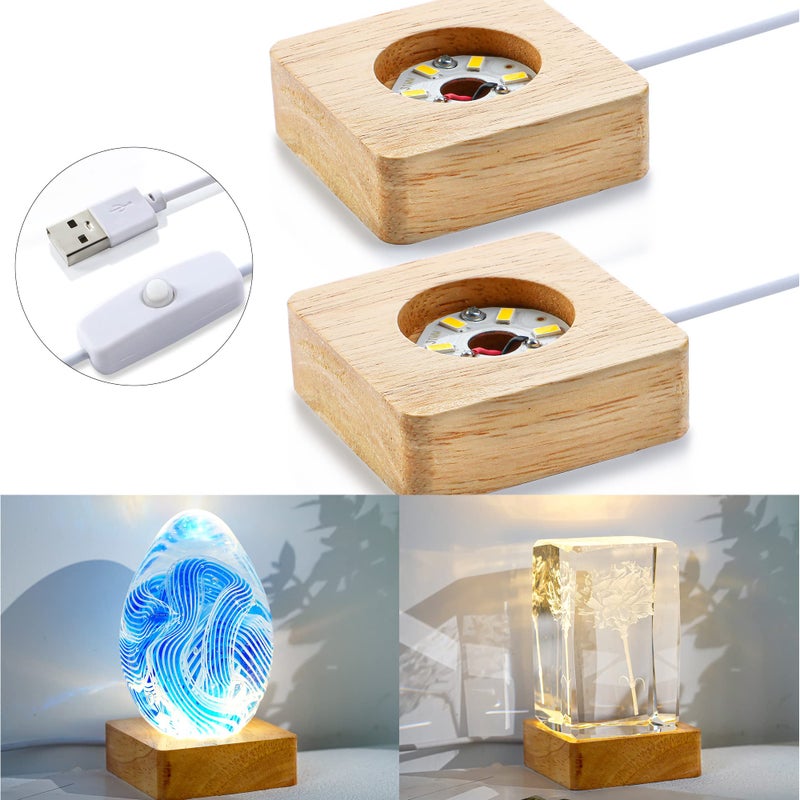 Zeershee Pack 2 عرض مصباح LED خشبي قاعدة مصباح Crystal Clastal Glass Base Stand Wood LED Stand for 3D Crystal Laser Glass Resin Art Warm Light Square USB فقط - Image 2