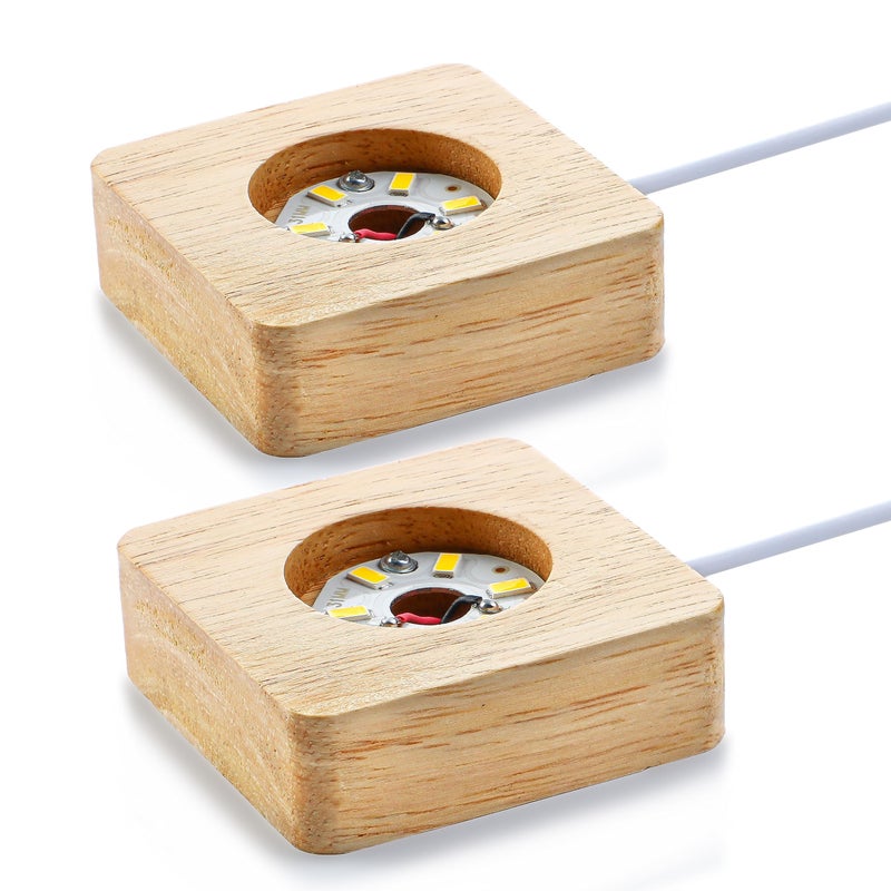 Zeershee Pack 2 عرض مصباح LED خشبي قاعدة مصباح Crystal Clastal Glass Base Stand Wood LED Stand for 3D Crystal Laser Glass Resin Art Warm Light Square USB فقط - Image 1