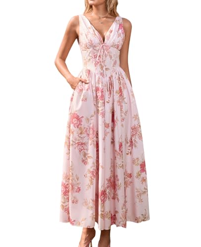 GLNEGE Floral Corset Midi Dress Milkmaid Casual V Neck Flowy A Line Sundress Wedding Guest Dresses with Pockets 2026 - Image 1