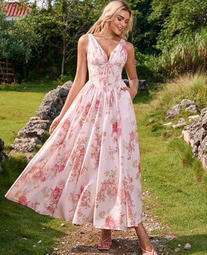 GLNEGE Floral Corset Midi Dress Milkmaid Casual V Neck Flowy A Line Sundress Wedding Guest Dresses with Pockets 2026 - Image 4