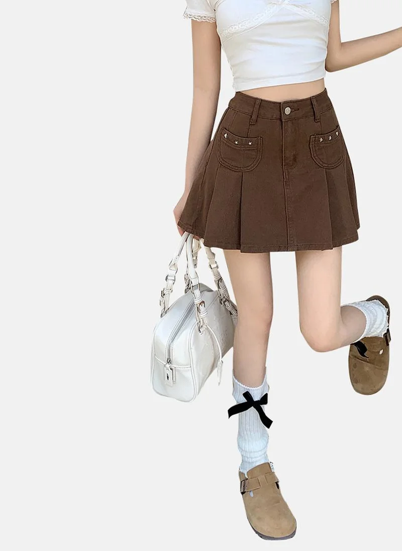 YUNIQEE Brown Solid Denim Mini Skirt