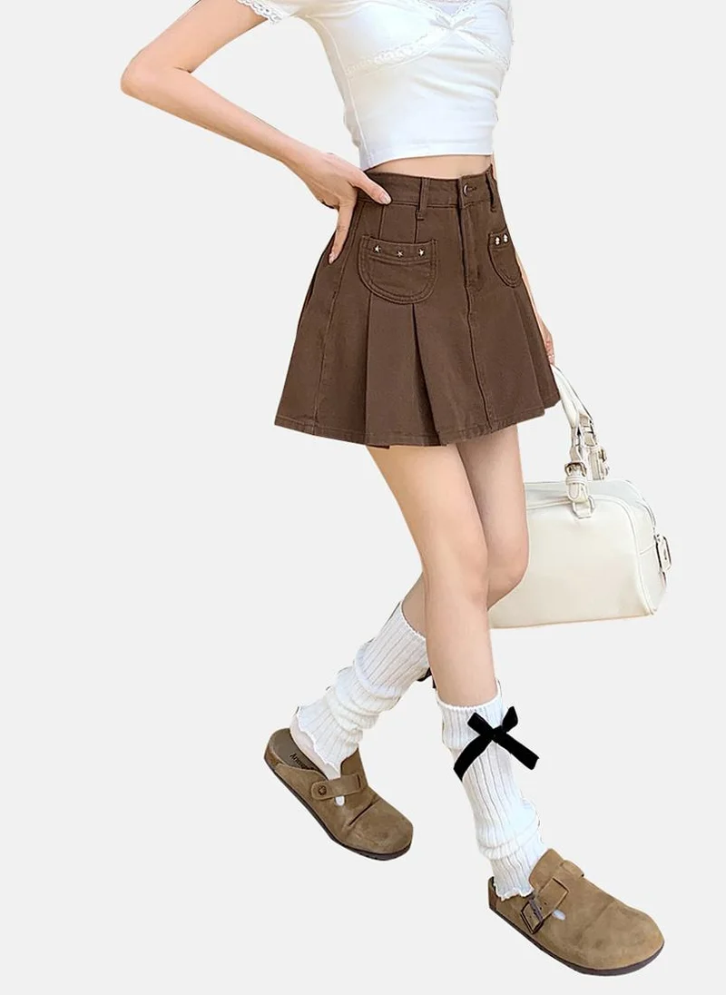 يونيكي Brown Solid Denim Mini Skirt