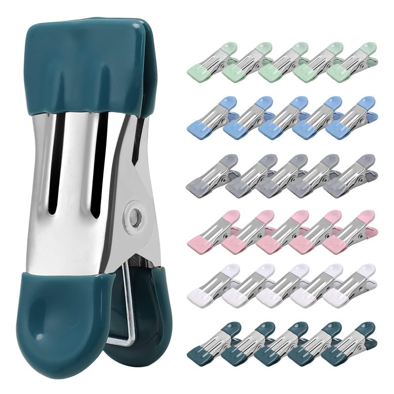 Cowdro Clothes Pins Heavy Duty 30 Pack, 2.17 Inch Metal Chip Clips, Clothespins for Photo Drying Clothesline Laundry Sock, Bag Clips for Food Kitchen Stainless Steel with Rubber, 6 Colors - Image 1