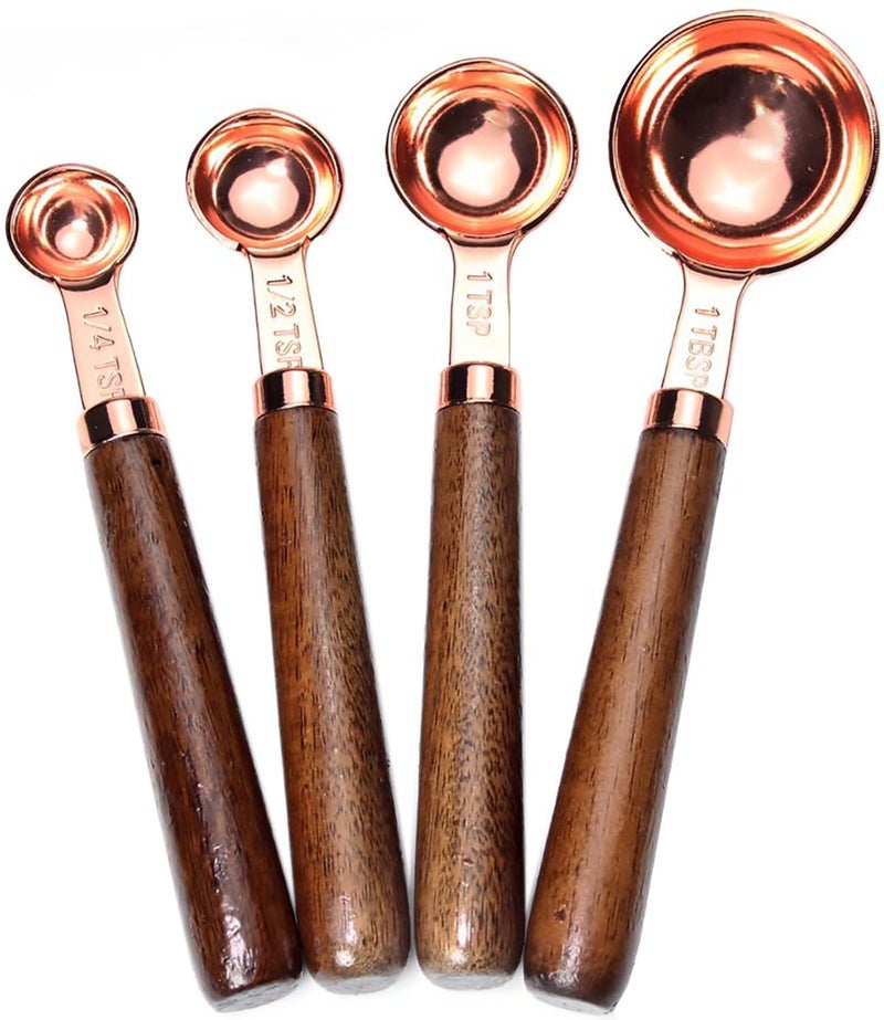 Homepixi Stainless Steel Measuring Spoons Set of 4. with Copper Finish and Wooden Handles for Baking and Cooking, Accurate Kitchen Measuring Set - Image 1