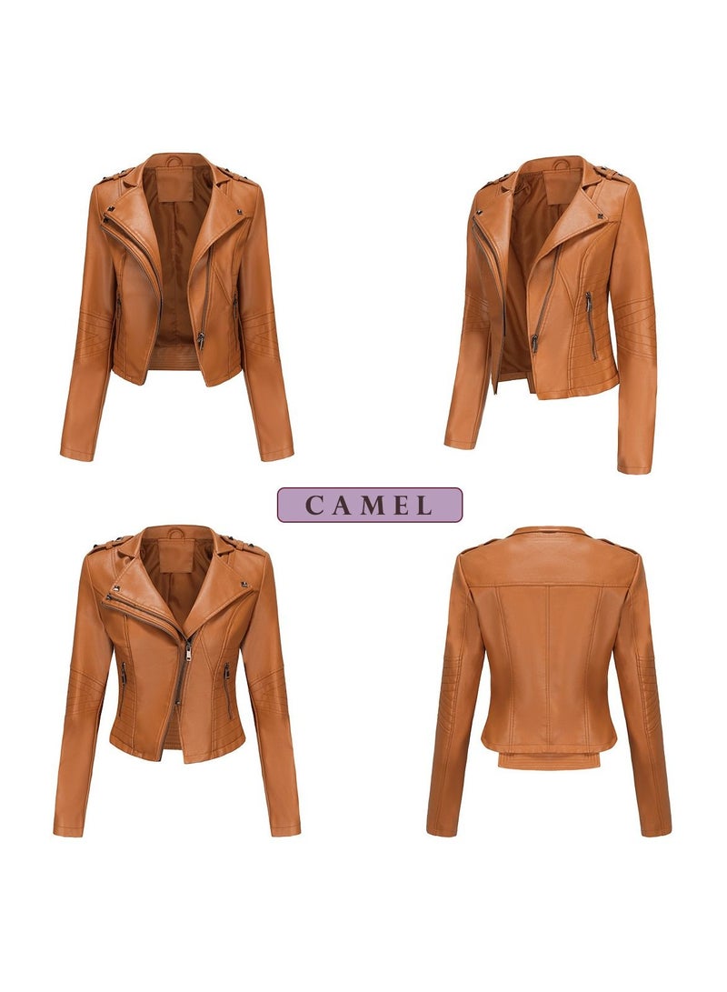 Loquat Women's New Popular Short Fit Coat Zipper Leather Jacket Camel  - Image 2