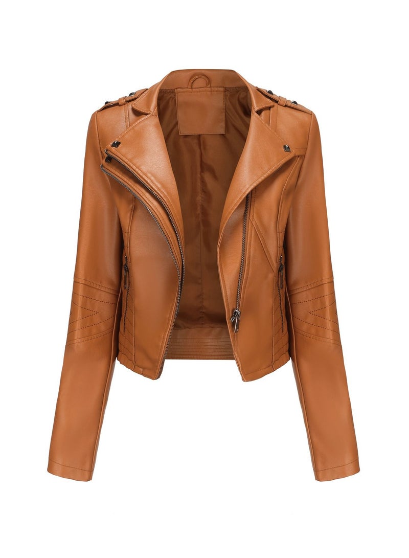 Loquat Women's New Popular Short Fit Coat Zipper Leather Jacket Camel  - Image 1