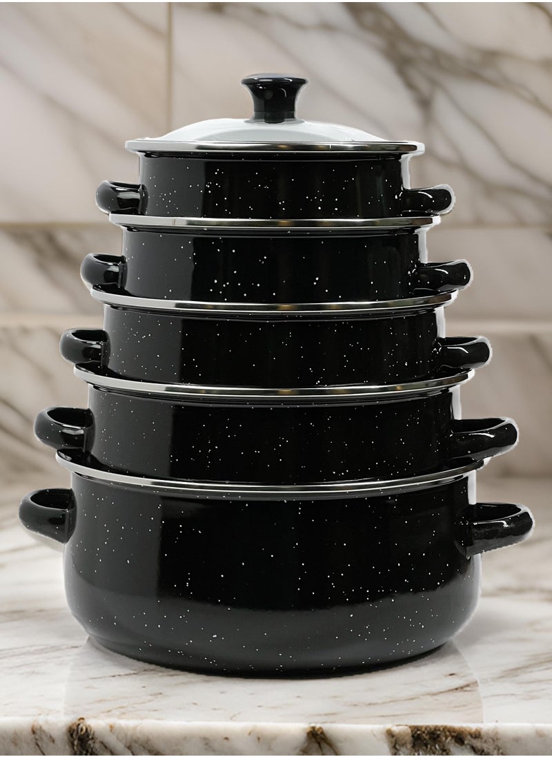 HTH - Set of 5 Enamel Cookware Pots with Lid Set Non Stick Coating with Stainless Steel Welt & Dual Handle Non Stick Enamel Dutch Oven for Bread Baking Cooking Soup Dutch Oven - Image 1