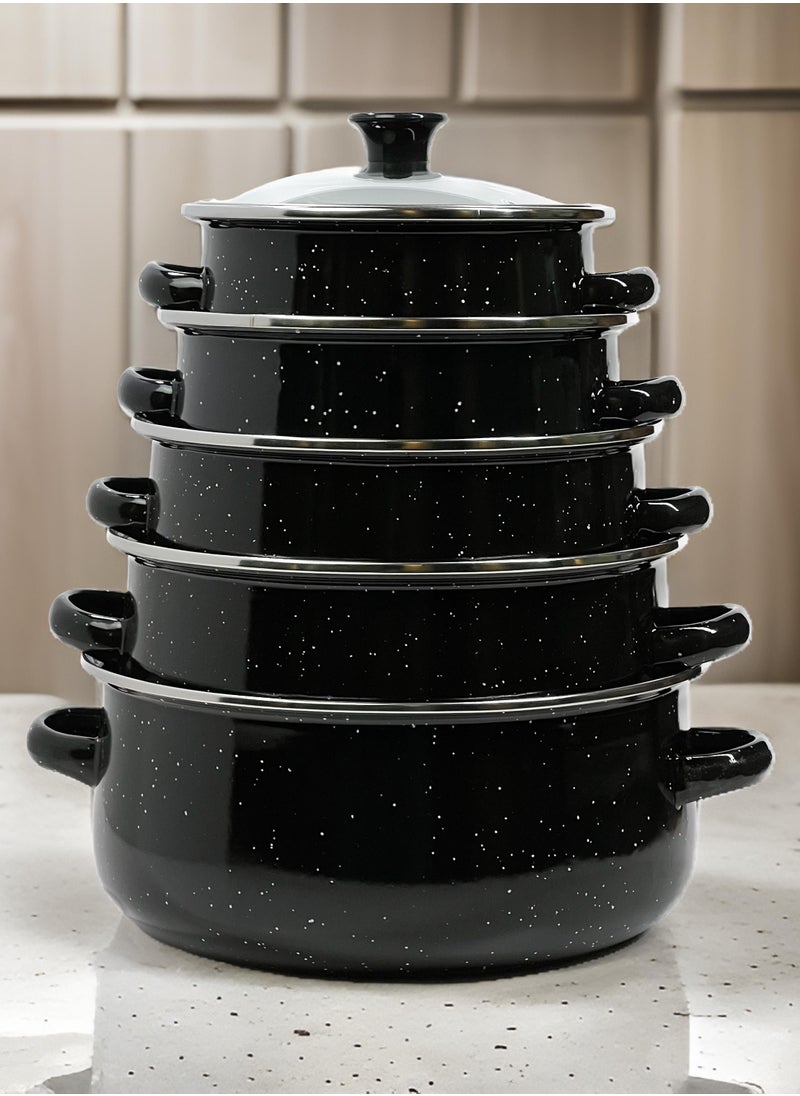 HTH - Set of 5 Enamel Cookware Pots with Lid Set Non Stick Coating with Stainless Steel Welt & Dual Handle Non Stick Enamel Dutch Oven for Bread Baking Cooking Soup Dutch Oven - Image 1