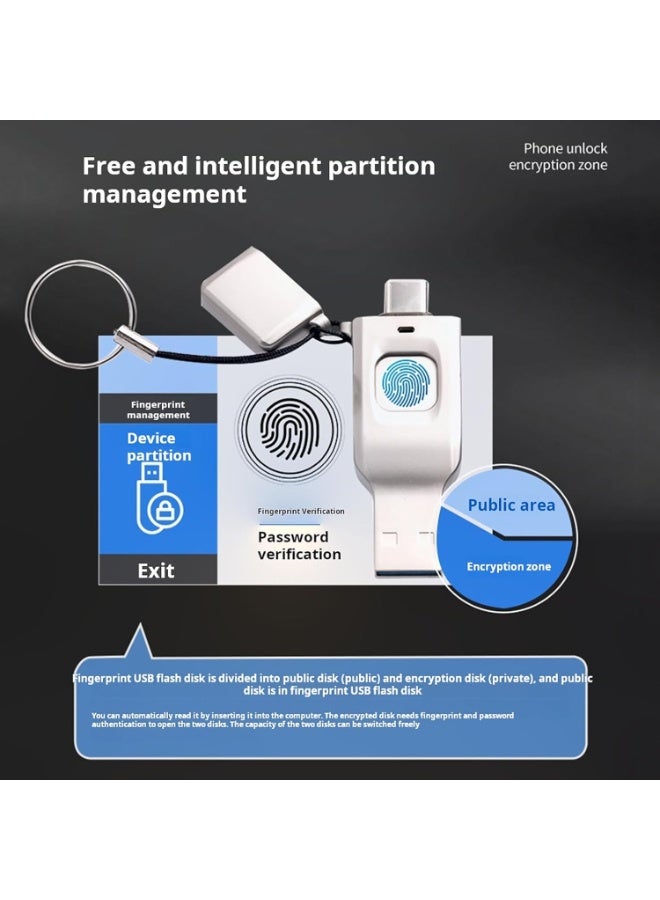 Fingerprint Encrypted USB Flash Drive, USB 3.0 + Type-C Interface, High-Speed Data Transmission, Can Add 10 Sets Of Fingerprints, Dual-Use Usb Flash Drive For Mobile Phones/Computers - Image 5