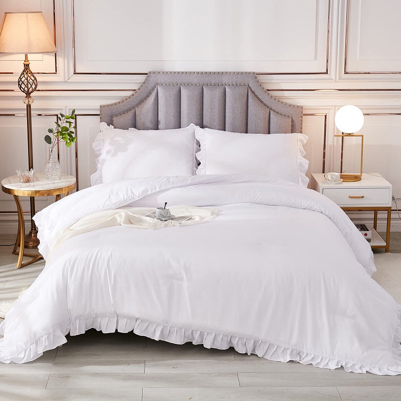 Andency White Comforters Queen Size 3 Pieces Solid Shabby Chic Farmhouse Bedding Comforters  Sets Lightweight Fluffy All Season Soft Down Alternative Bed Set for Women Men