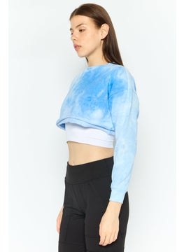 CHELSEA PEERS Women Crew Neck Tie Dye Long Sleeve Cropped Sweatshirt, Light Blue Combo  - Image 4