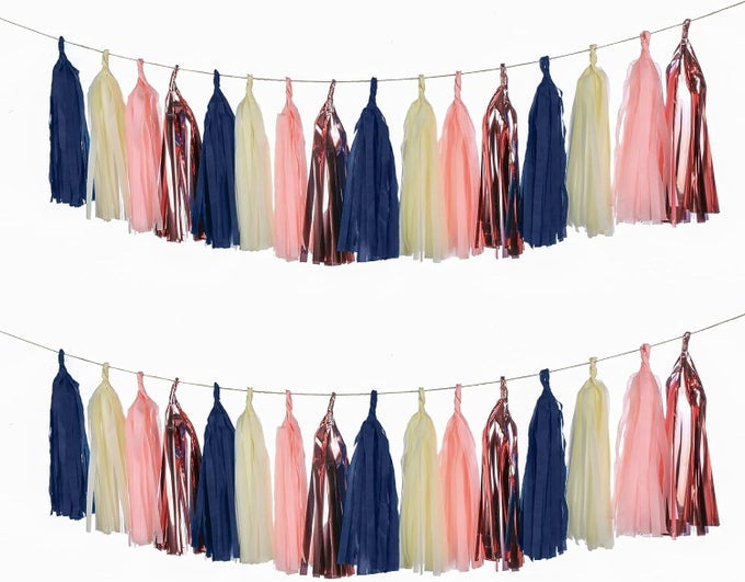 20 PCS NAVY BLUE ROSE GOLD TASSELS GARLAND TISSUE PAPER TASSELS BANNER DIY KIT FOR BABY SHOWER NAVY PARTY BIRTHDAY PARTY WEDDING DECORATIONS