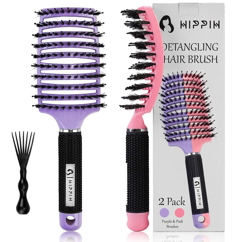 Boar Bristle Hair Brush Set of 2 HIPPIH Wet  Dry Hair Brushes Made by Fine Natural Boar Hair Can Adds Shine and Smoothing Detangling Long Curly Thick Hair for Women Men  Kids
