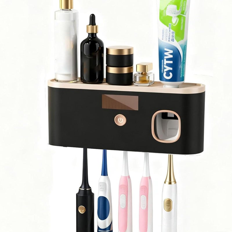 ALLGLAM Toothbrush Sterilizer Holder Wall Mounted, USB Rechargeable Automatic Toothpaste Dispenser with 5 Brush Slots, Bathroom Organizer for Families (Black) - Image 1