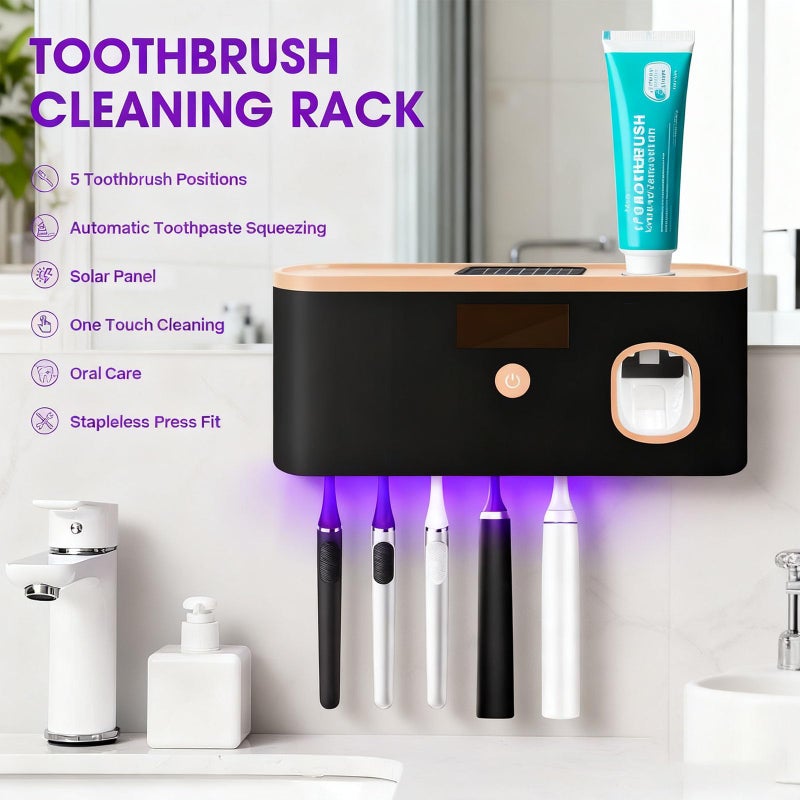 ALLGLAM Toothbrush Sterilizer Holder Wall Mounted, USB Rechargeable Automatic Toothpaste Dispenser with 5 Brush Slots, Bathroom Organizer for Families (Black) - Image 2