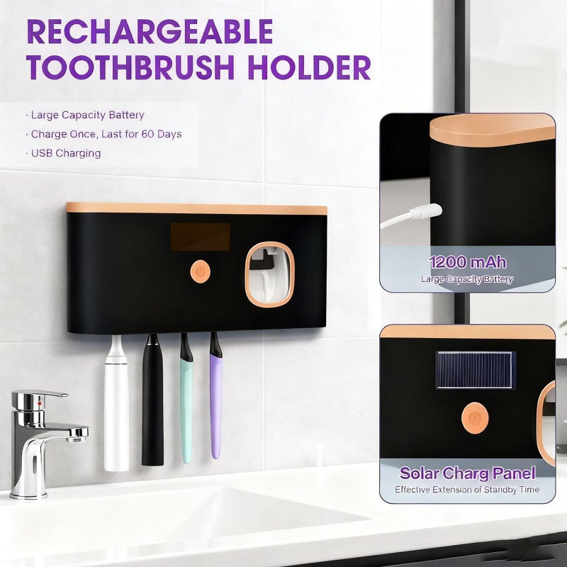 ALLGLAM Toothbrush Sterilizer Holder Wall Mounted, USB Rechargeable Automatic Toothpaste Dispenser with 5 Brush Slots, Bathroom Organizer for Families (Black) - Image 5