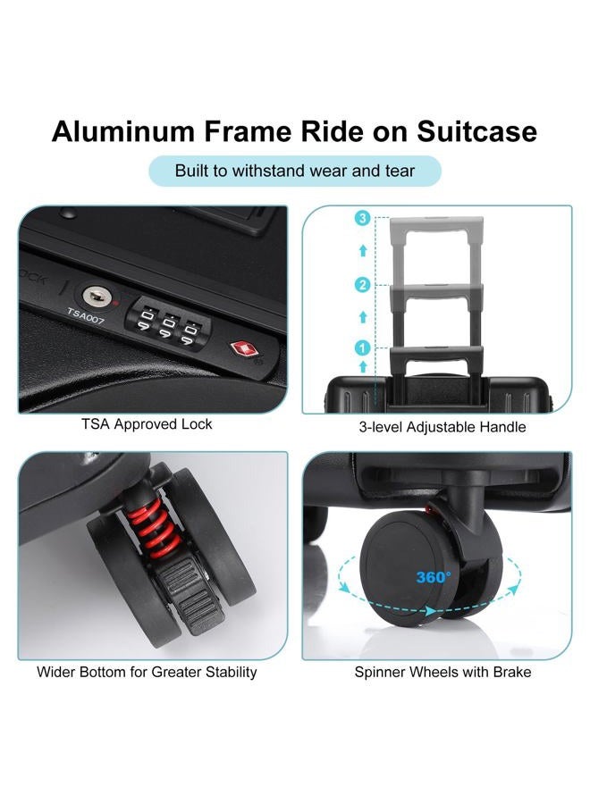 Bulyoou 20 Inch Ride on Luggage with Seat for Kids Top Opening Aluminum Frame Suitcase with Spinner Wheels Locks for Travel(Black) - Image 4