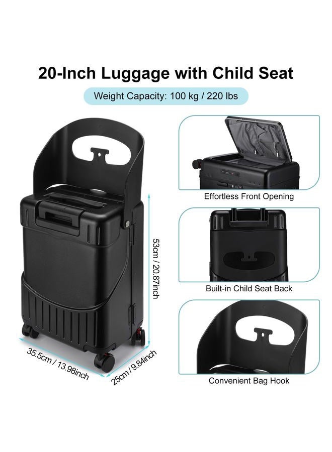 Bulyoou 20 Inch Ride on Luggage with Seat for Kids Top Opening Aluminum Frame Suitcase with Spinner Wheels Locks for Travel(Black) - Image 3
