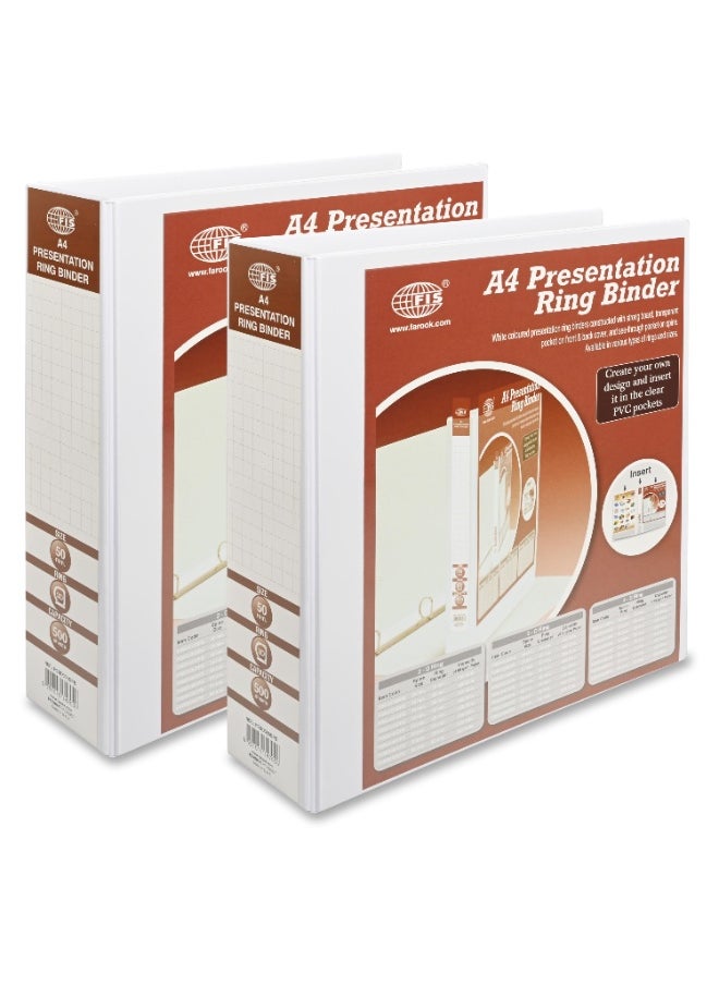 FIS Presentation Binder, A4 Size(210x297mm), 3[D]Ring Type, 50mm Ring Size, 3.00" Inches Spine with Clear PVC Pocket For Easy Insert Your Label Design, Packet of 2 Pieces, White Color-FSBD350DPB/2  - Image 1