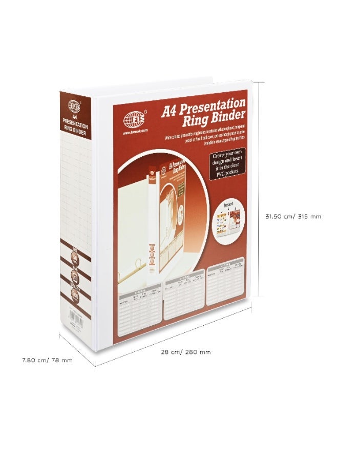FIS Presentation Binder, A4 Size(210x297mm), 3[D]Ring Type, 50mm Ring Size, 3.00" Inches Spine with Clear PVC Pocket For Easy Insert Your Label Design, Packet of 2 Pieces, White Color-FSBD350DPB/2  - Image 5
