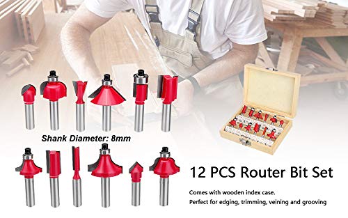 ISC ISC 8mm 12 Pcs RouterTrimmer Bit Set with Box for Wood Working 12Pcs Router Bit Set 8mm Shank - Image 3