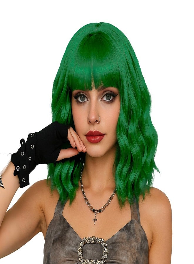 LABEAUTÉ Green Wavy Bob Wig with Air Bangs - Heat Resistant, St. Patrick's Day Wig - 14 inch, Mint Green - Image 1