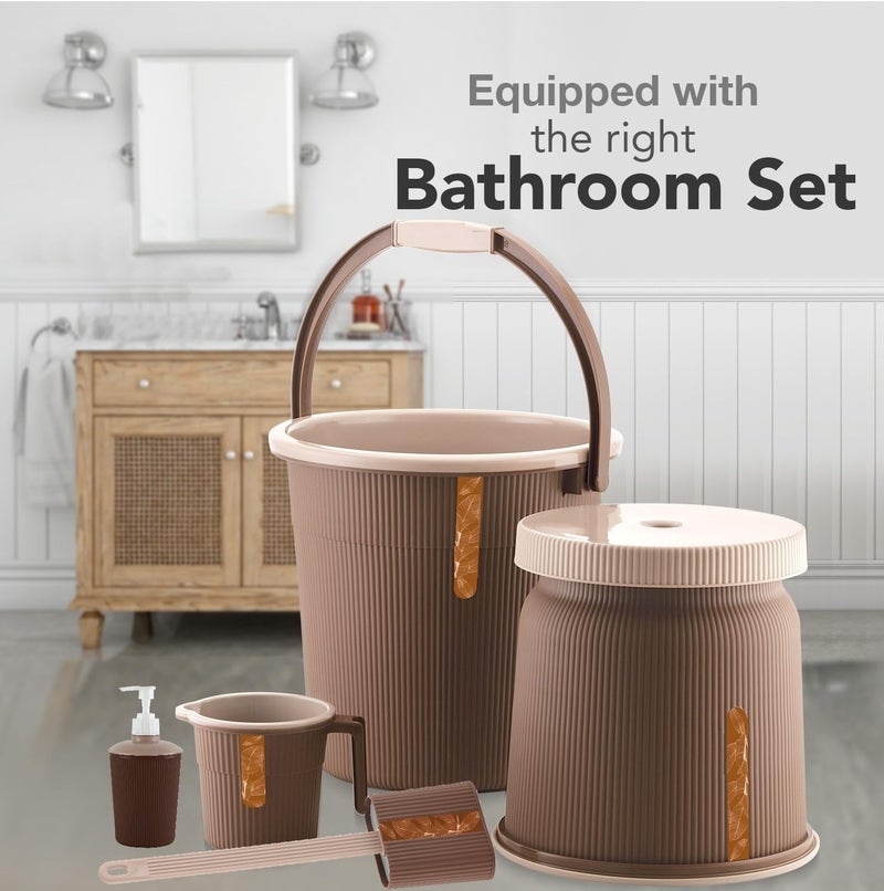 Liza Newton Combo of 5pcs Bathroom Accessories Set Plastic Bathroom Set with 20Ltr Plastic Bucket, Small Mug, Big Stool, Dispenser, & Toilet Brush for Home, Kitchen & Bathroom (Brown) - Image 2
