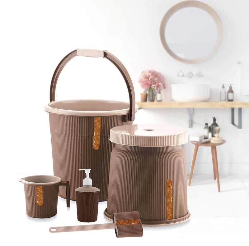 Liza Newton Combo of 5pcs Bathroom Accessories Set Plastic Bathroom Set with 20Ltr Plastic Bucket, Small Mug, Big Stool, Dispenser, & Toilet Brush for Home, Kitchen & Bathroom (Brown) - Image 1