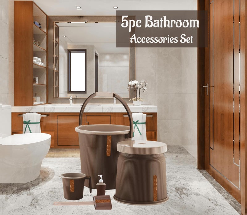 Liza Newton Combo of 5pcs Bathroom Accessories Set Plastic Bathroom Set with 20Ltr Plastic Bucket, Small Mug, Big Stool, Dispenser, & Toilet Brush for Home, Kitchen & Bathroom (Brown) - Image 4