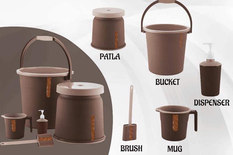 Liza Newton Combo of 5pcs Bathroom Accessories Set Plastic Bathroom Set with 20Ltr Plastic Bucket, Small Mug, Big Stool, Dispenser, & Toilet Brush for Home, Kitchen & Bathroom (Brown) - Image 3