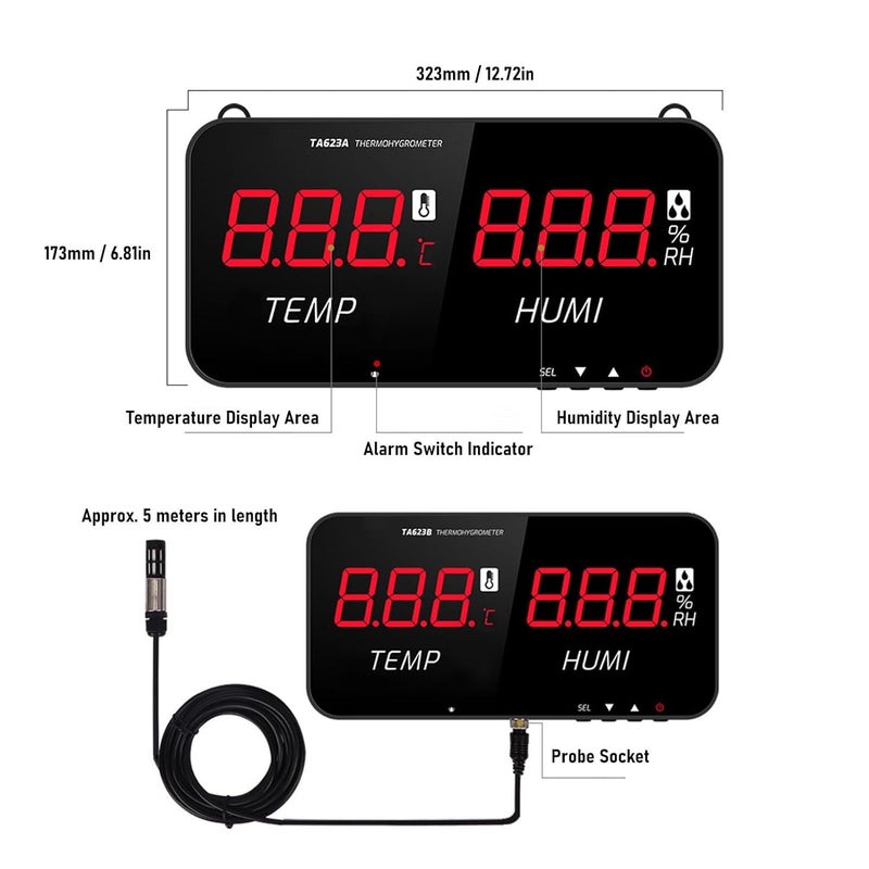 Industrial Temperature and Humidity Meter LED Display Hygrometer Thermometer Greenhouse Detector with Sensor and Alarms for Home Office Use, External Probe - Image 3